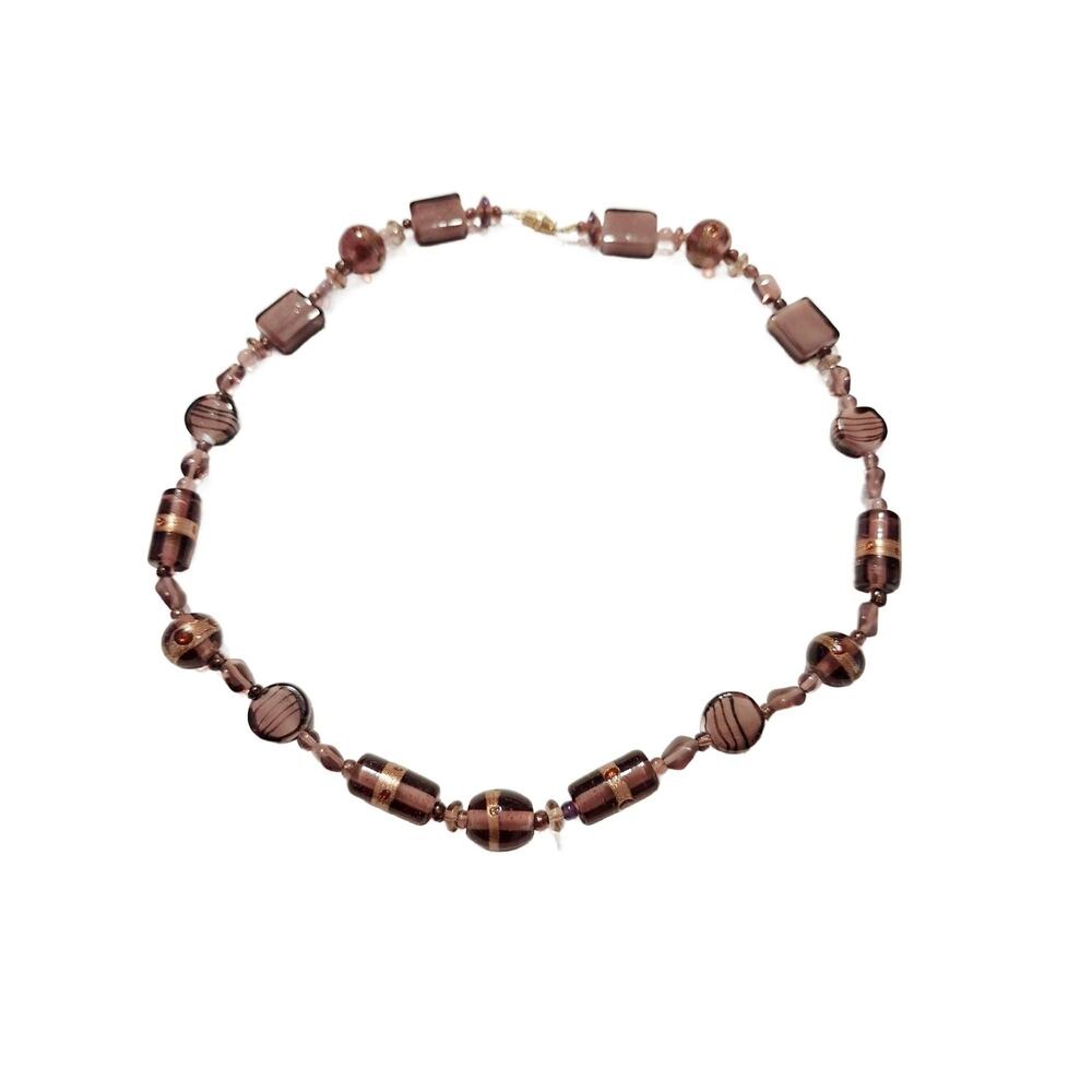 Purple Murano Venetian Glass Beaded Choker with Gold Leaf Details